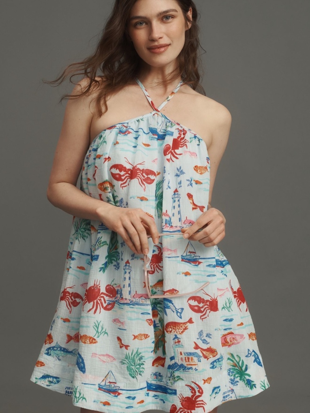 NWT Maeve Anthropologie Whimsical Sea Life Printed Halter Swing Mini Dress M